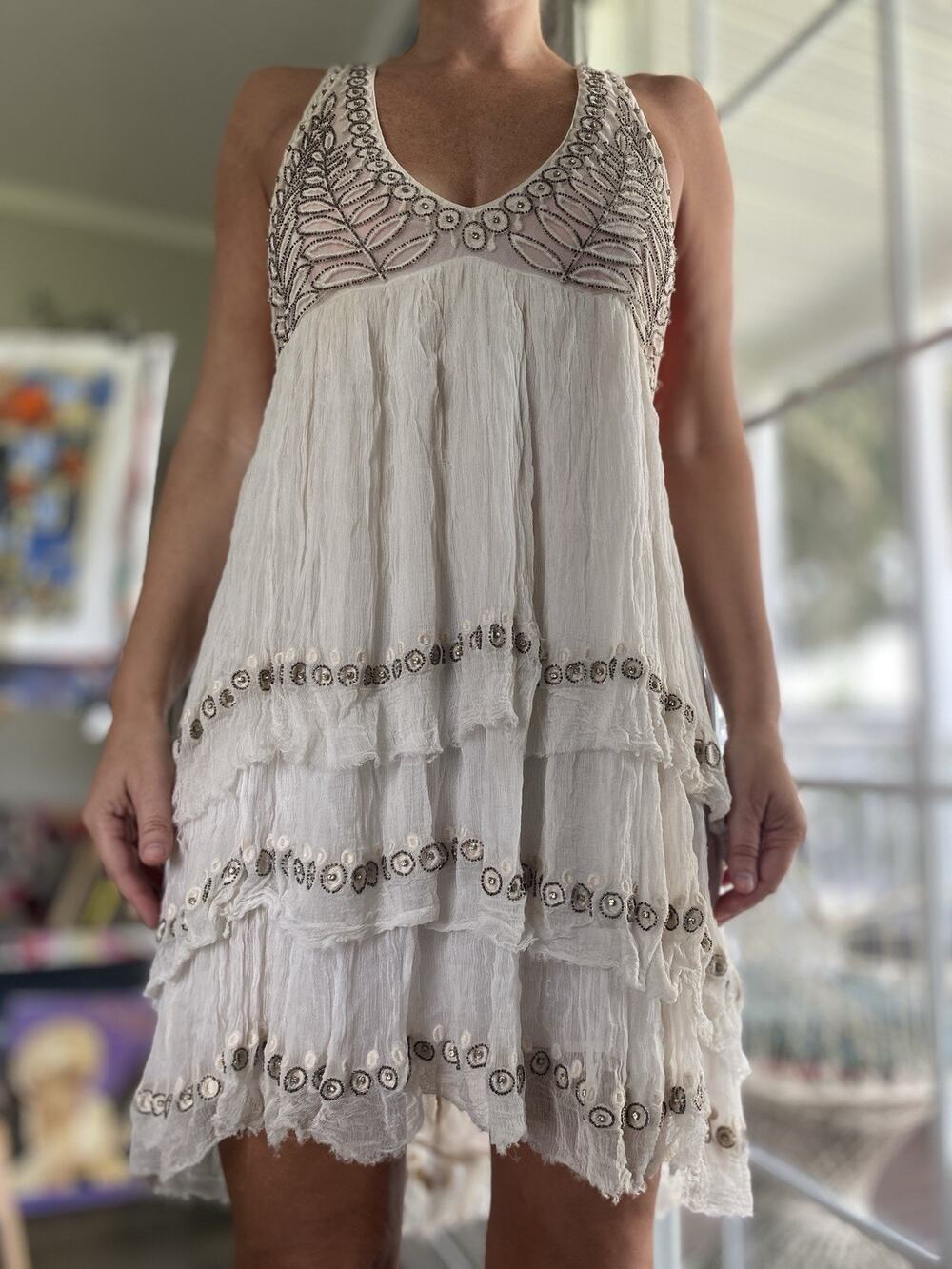 Free People “Twilight” Beaded Mini Dress L Plunge V-Neck Racerback Night Out